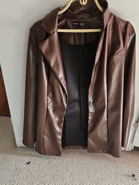 SHEIN Brown Faux Leather Blazer Jacket